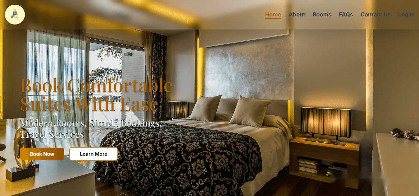 Dsuite landing page: a photograph of a hotel suite behind the heading "Book Comfortable Suites With Ease", with Book Now and Learn More buttons.